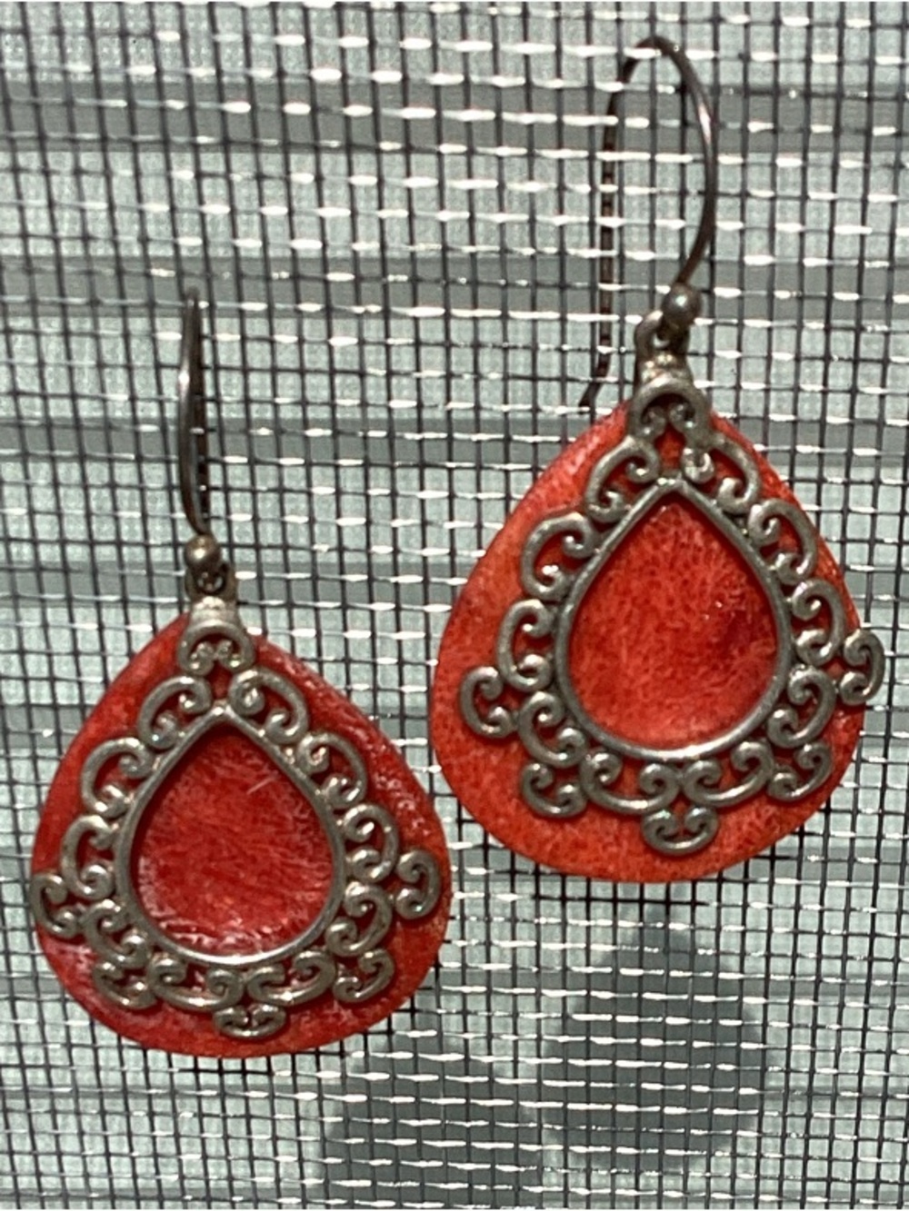 CFJ sterling silver & red ? coral teardrop earrings Boho chic Whimsigoth